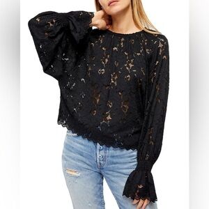Free People Olivia Lace Long Sleeve Blouse in Black Size Medium